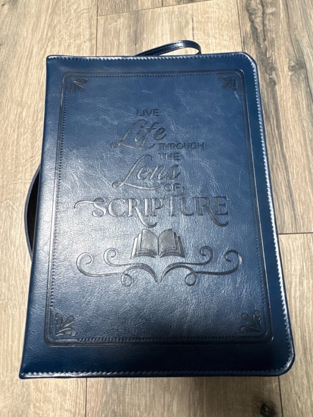 Live Life Through The Lens Of Scripture Blue Faux Leather Bible Case Handle By A